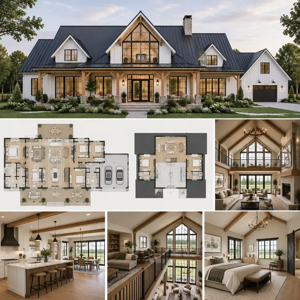 Modern Farmhouse Exterior With A Loft Visible Through Upper Windows
