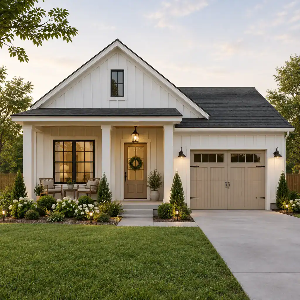 Modern farmhouse exterior with coordinated garage and porch