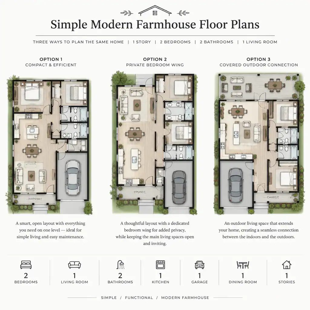 Modern farmhouse floor plan variations shown side by side