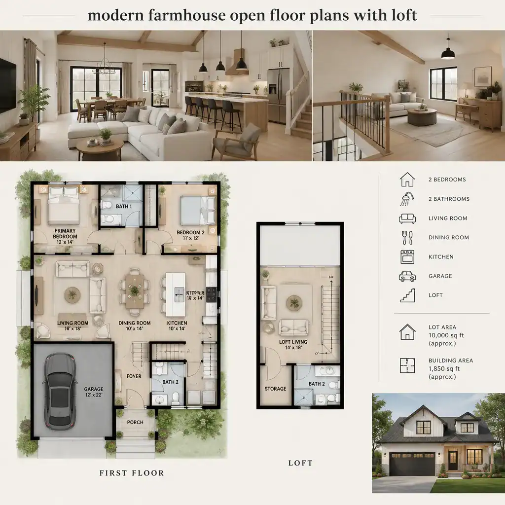 Modern farmhouse interior connecting living room and loft