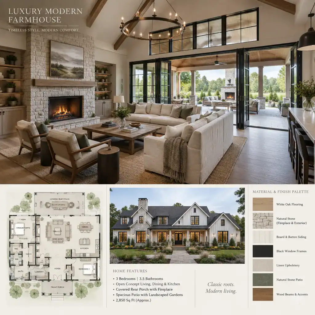 Modern farmhouse living area connected to a covered outdoor space