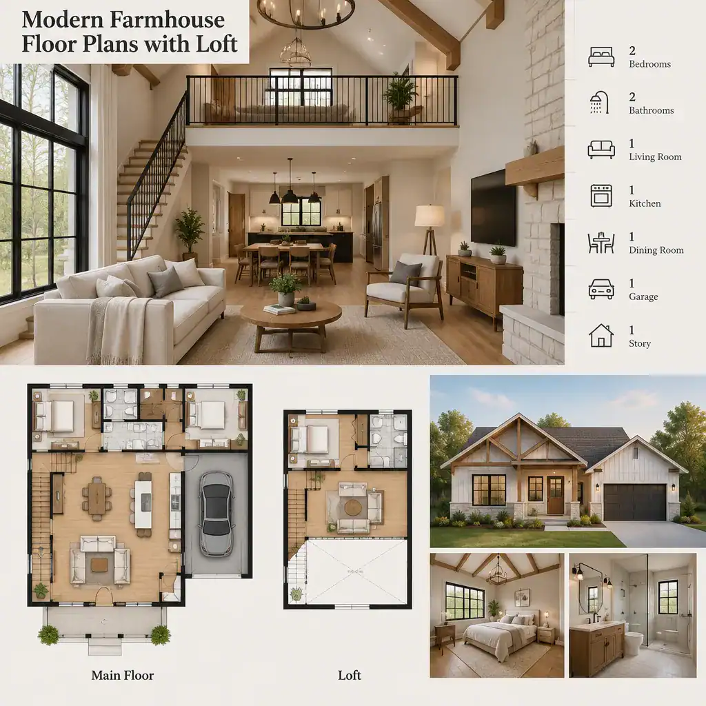 Modern Farmhouse Living Room Connected To A Loft By Wood Beams And Open Railing
