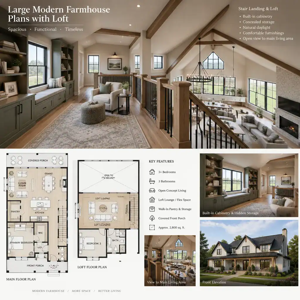 Modern farmhouse loft storage and stair planning