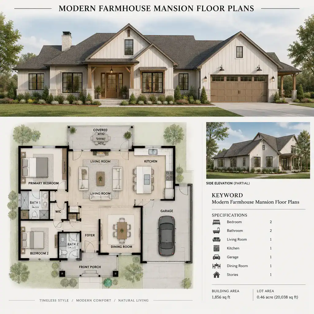 Modern farmhouse mansion exterior coordinated with floor plan