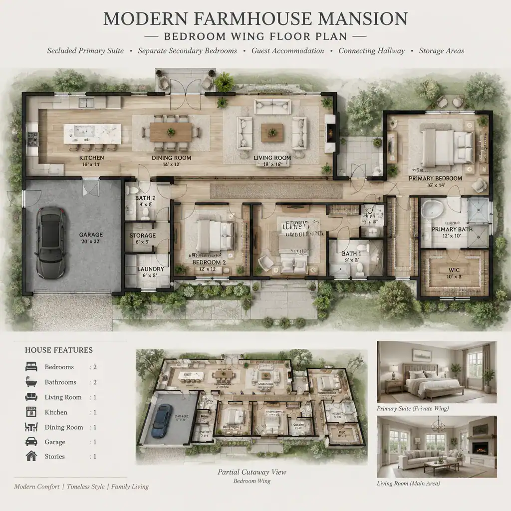 Modern farmhouse mansion private bedroom wing