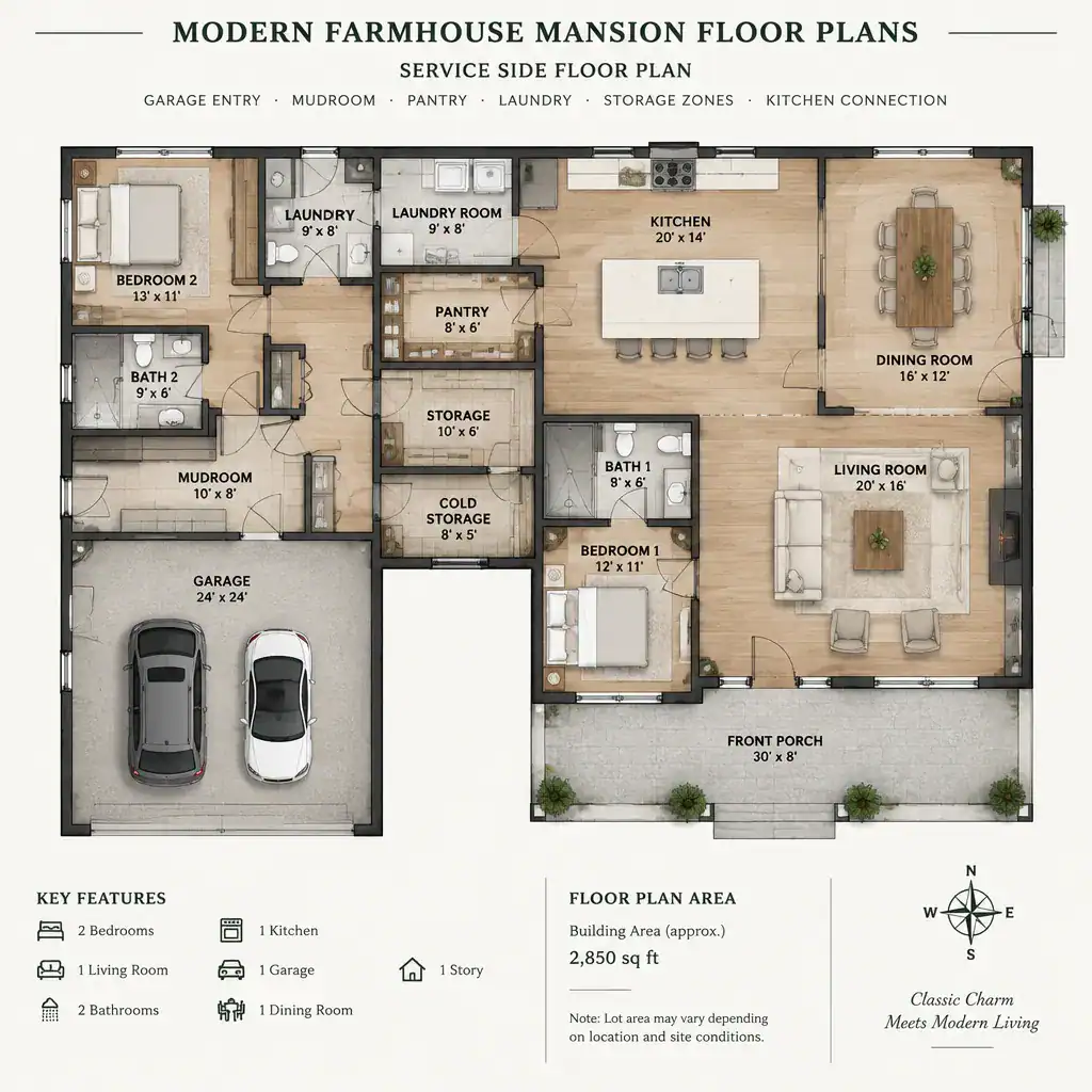 Modern farmhouse mansion service and storage zone