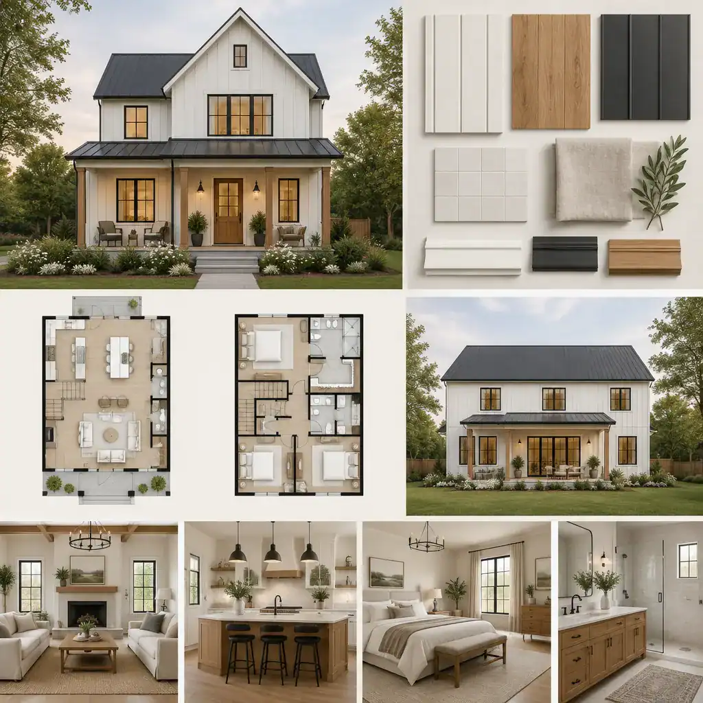 Modern farmhouse material palette with light finishes, natural wood, and dark accents