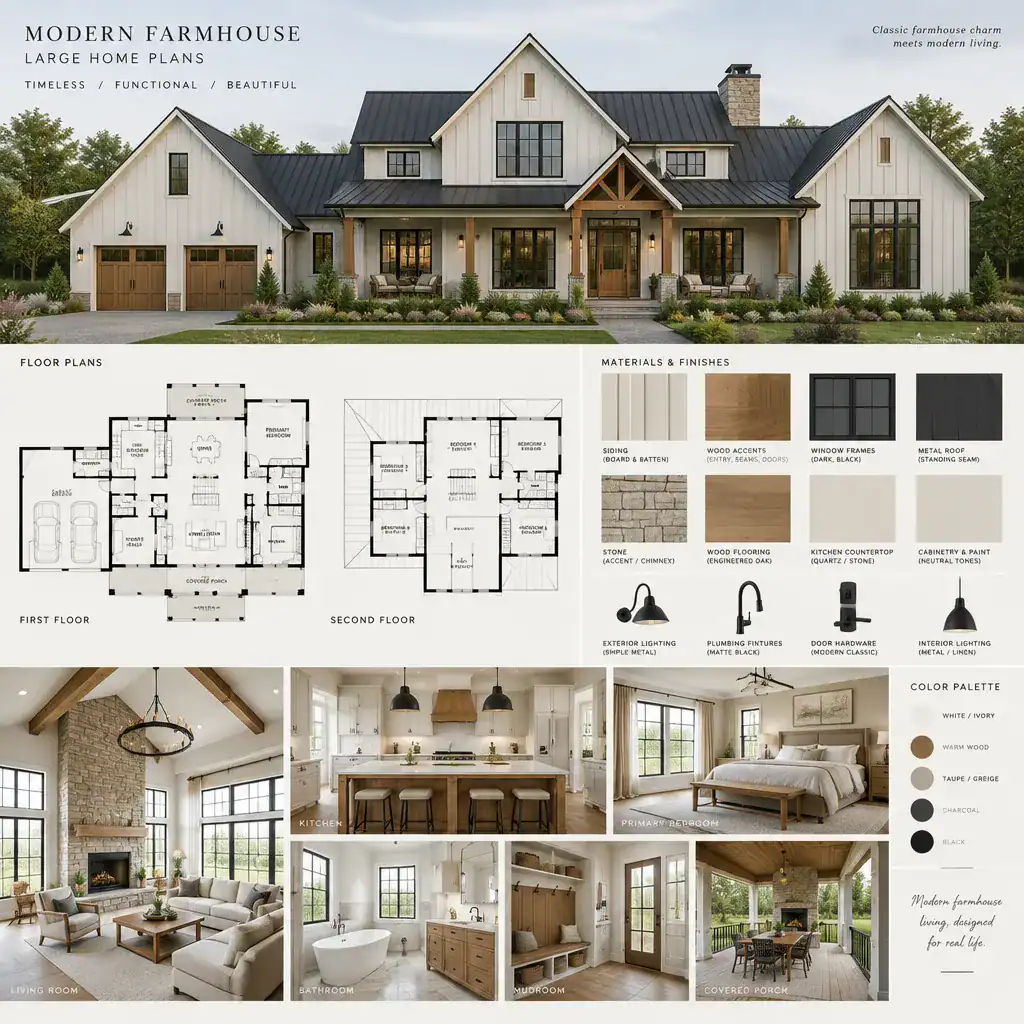 Modern Farmhouse Material Palette With Siding Wood And Dark Accents