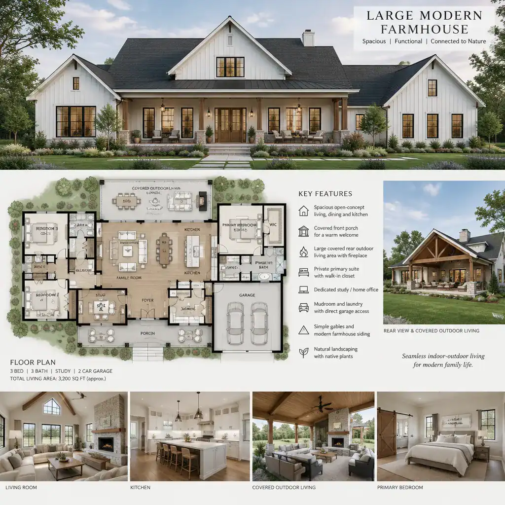 Modern farmhouse plan with connected front and rear porches