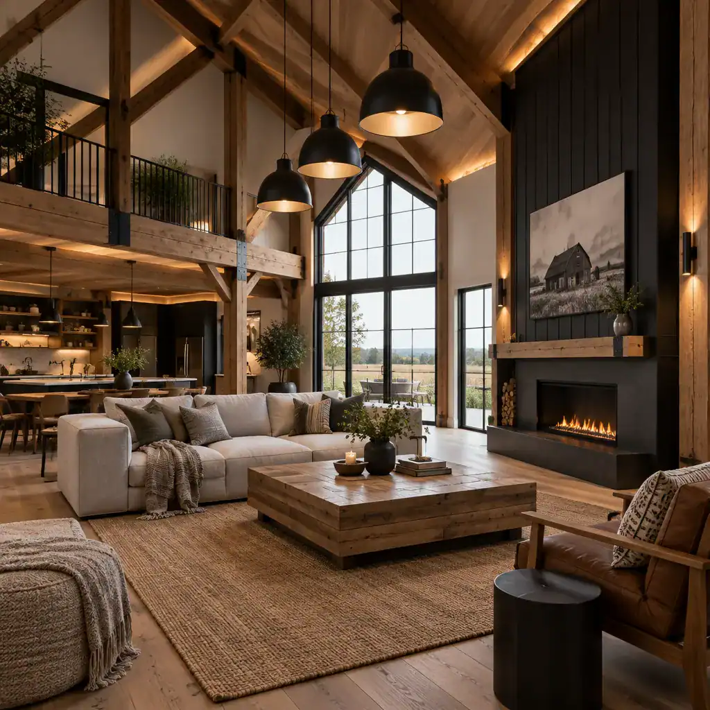 Modern furniture and layered lighting in a barn house lounge