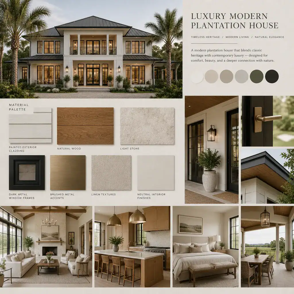 Modern Plantation House Material Palette With Wood, Stone, Siding, And Dark Metal