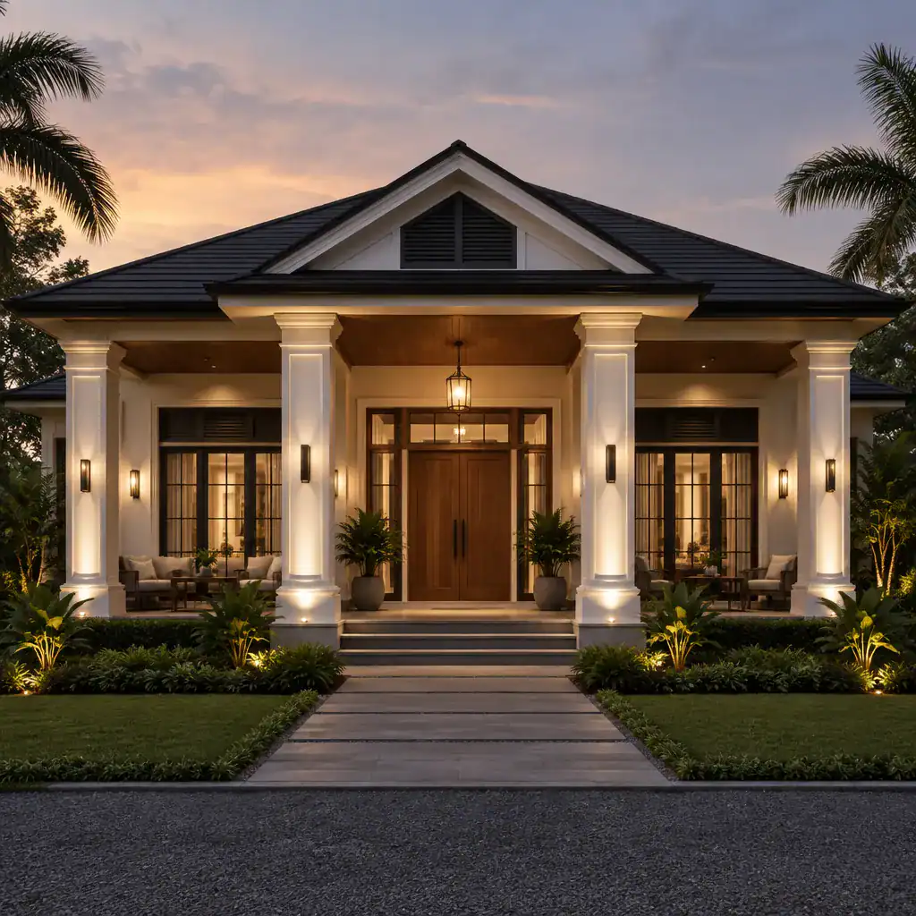 Modern Plantation House Porch Columns With Subtle Evening Lighting