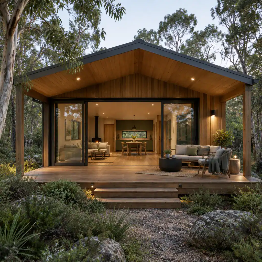 Modern Timber Cabin With Covered Deck Opening To Woodland