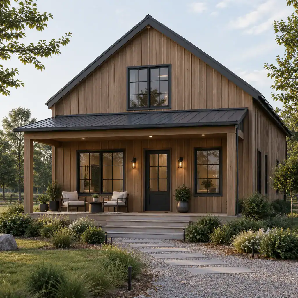 Modern barn house with an integrated covered porch and clean contemporary facade