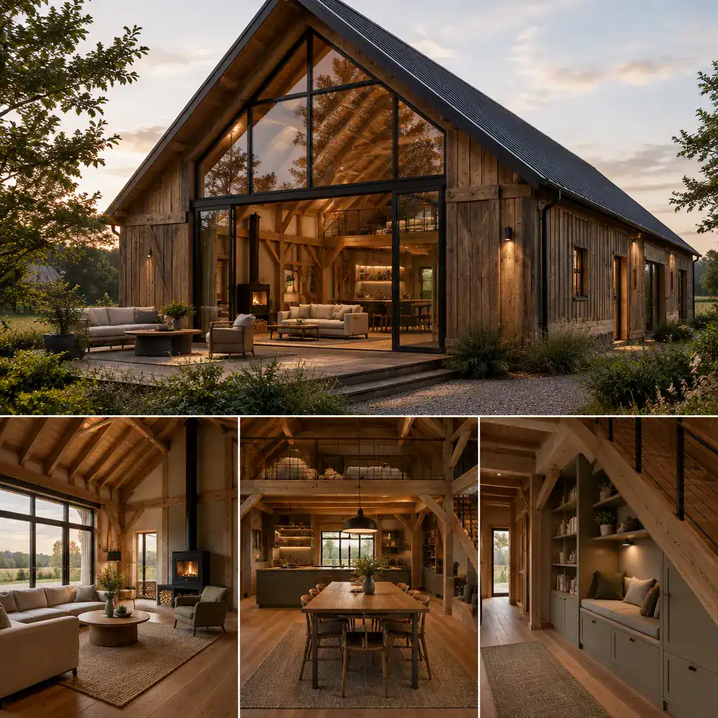 Modern comfort integrated into a traditional timber barn house interior