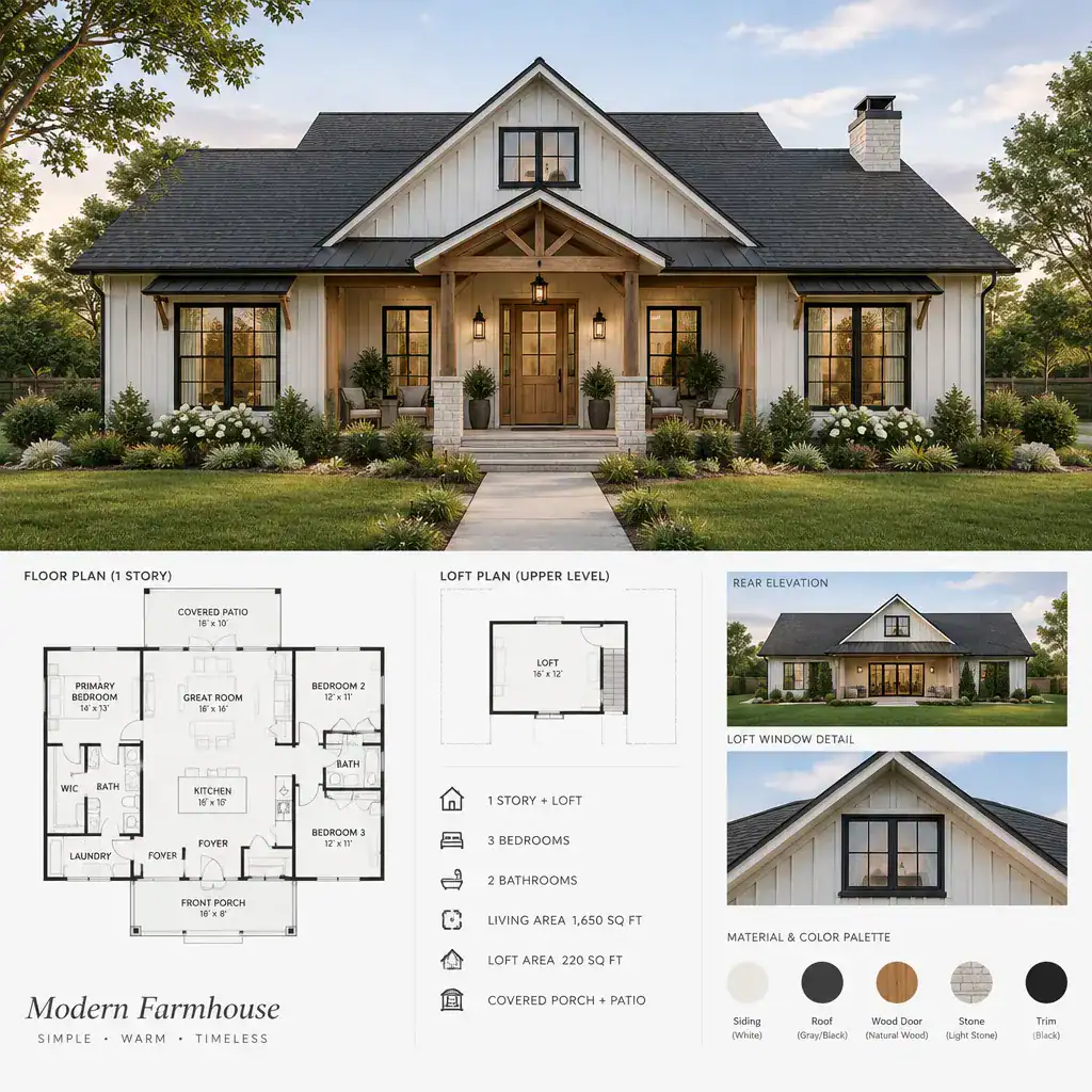 Modern farmhouse exterior with covered porch and loft window