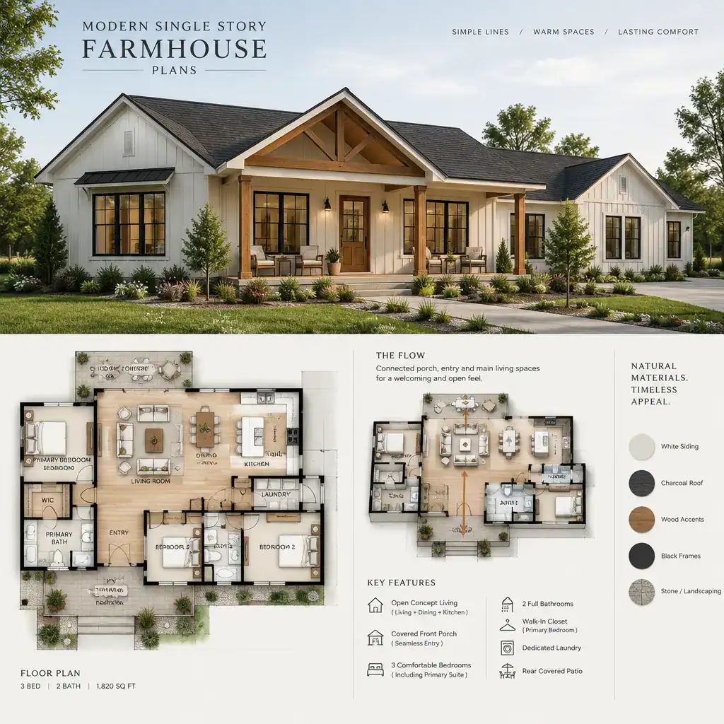 Modern farmhouse exterior with porch and single story roof forms