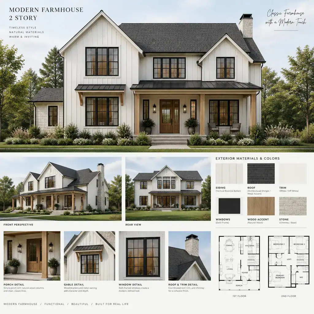 Modern farmhouse facade with light siding, dark windows, and natural wood accents