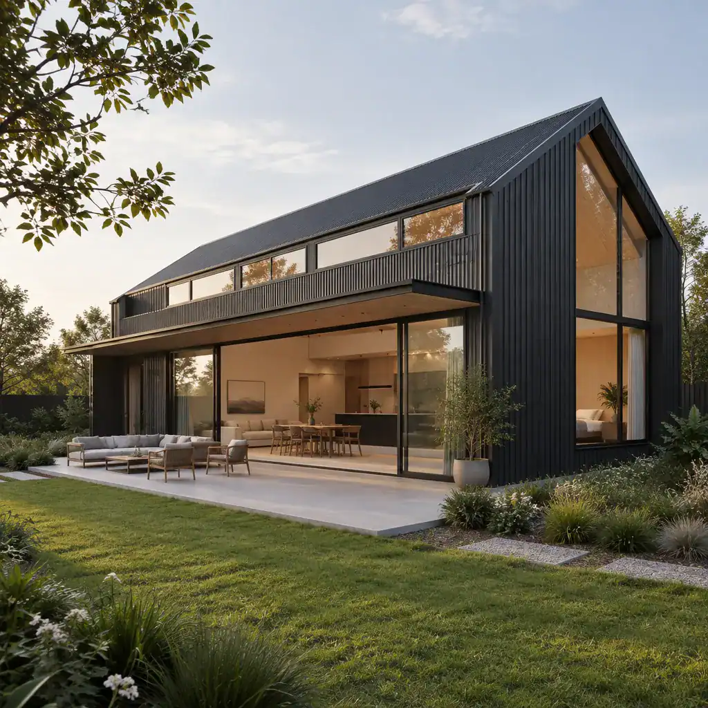 Modern minimalist barn house connected to a private garden through carefully placed windows