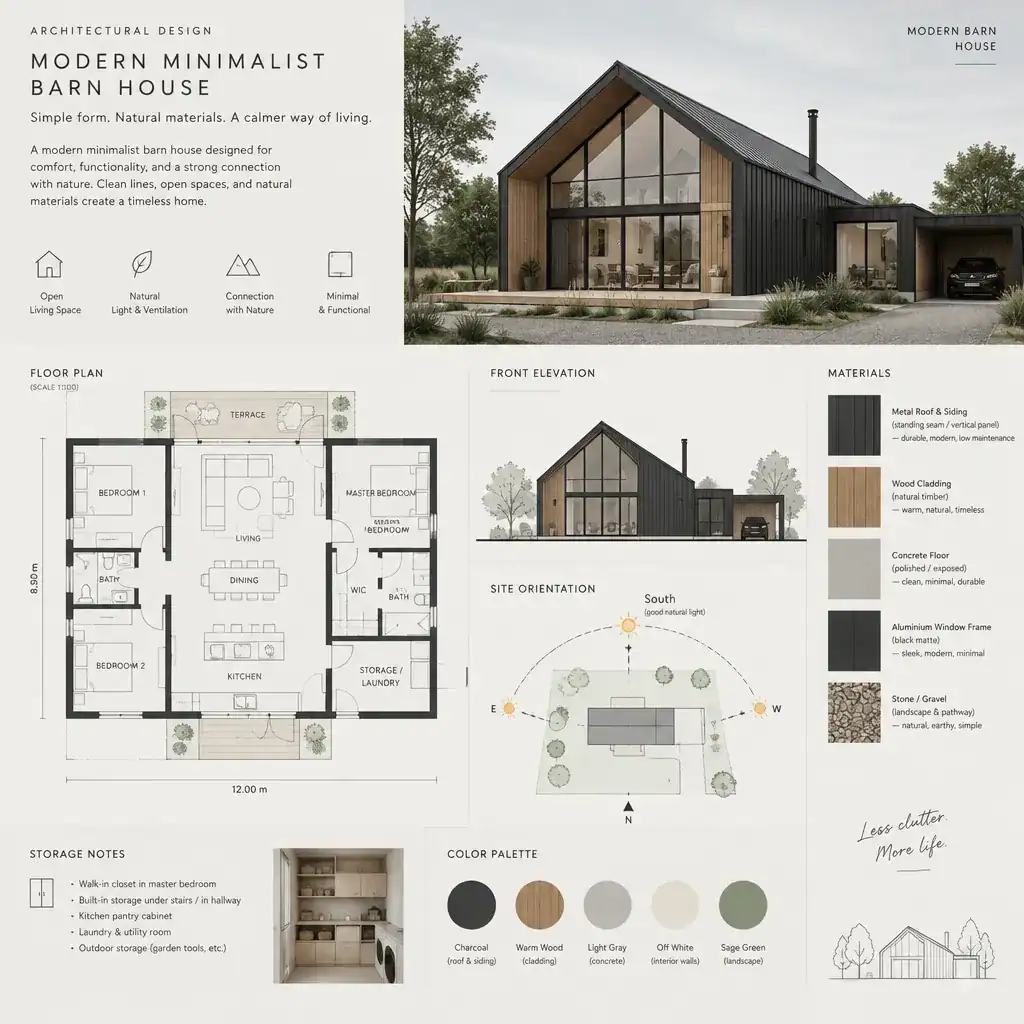 Modern minimalist barn house planning board with floor plan and material samples
