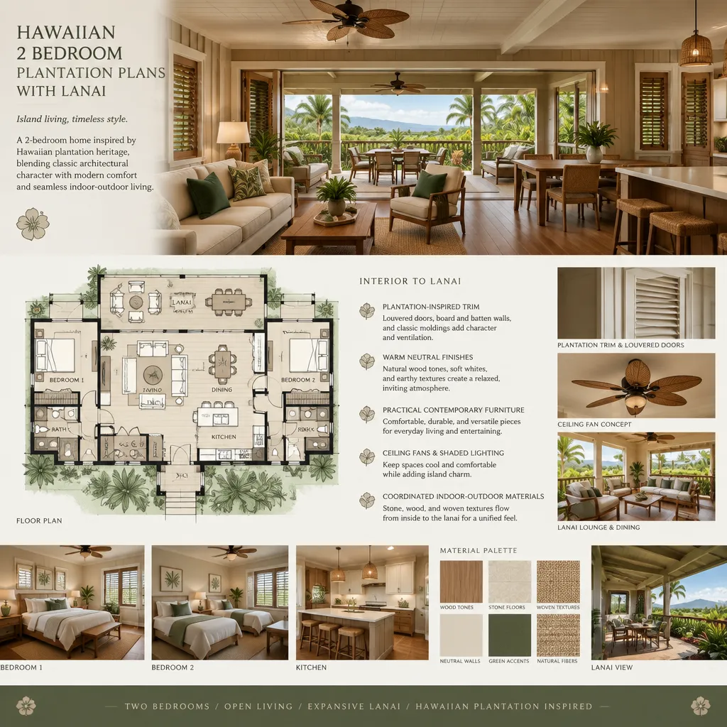 Modern plantation house interior opening to a Hawaiian lanai