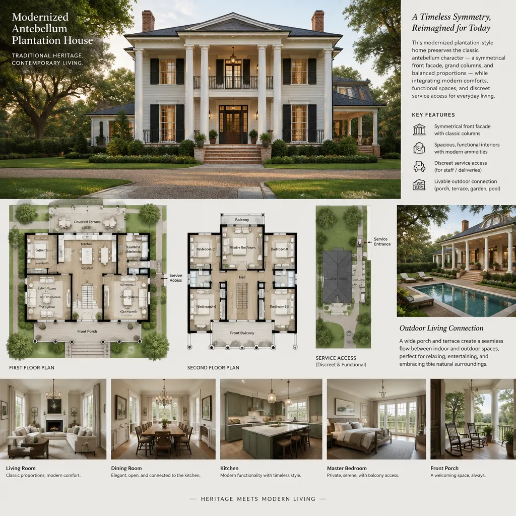 Modern plantation house plan with traditional symmetrical facade and contemporary living spaces