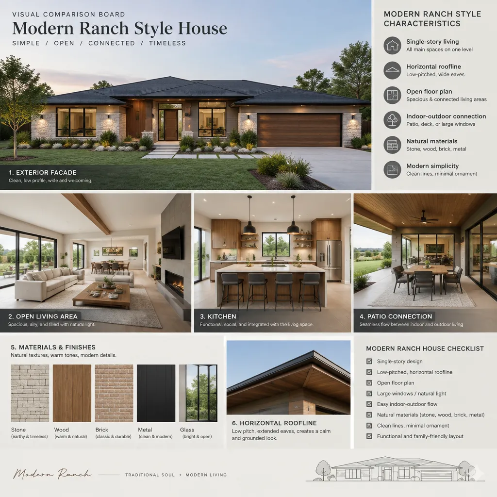 Modern ranch house characteristic checklist showing exterior, interior, materials, and outdoor connection