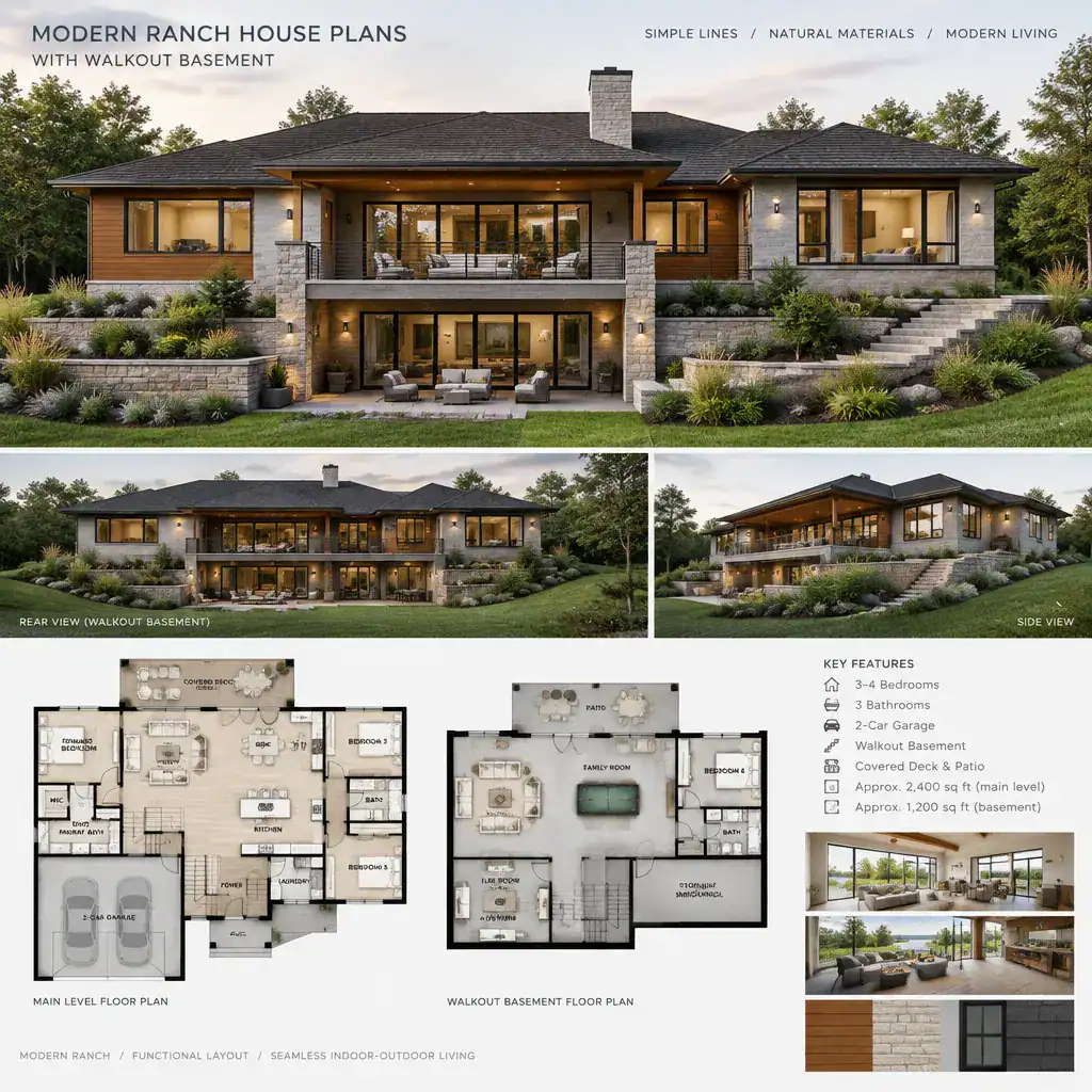 Modern ranch house exterior with coordinated walkout basement facade