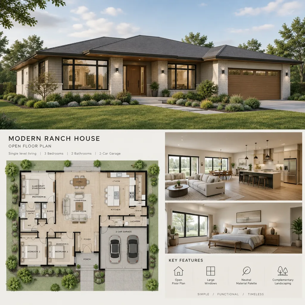 Modern ranch house exterior with low horizontal profile and broad windows