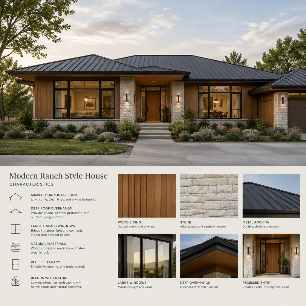 Modern ranch house exterior with wood stone and metal material palette