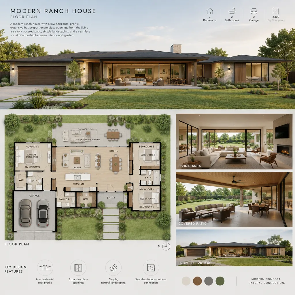 Modern ranch house floor plan connected to a covered patio and garden