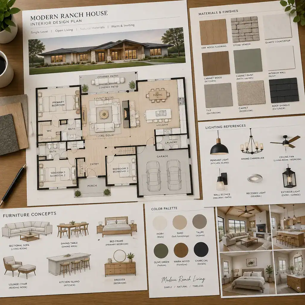 Modern ranch house interior design planning board with floor plan and material samples