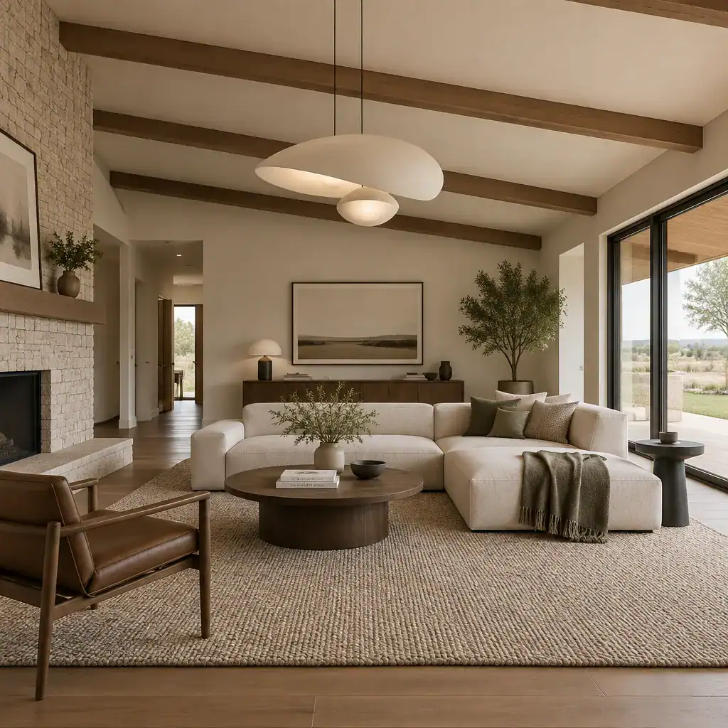 Modern ranch house living room furniture lighting and restrained decor