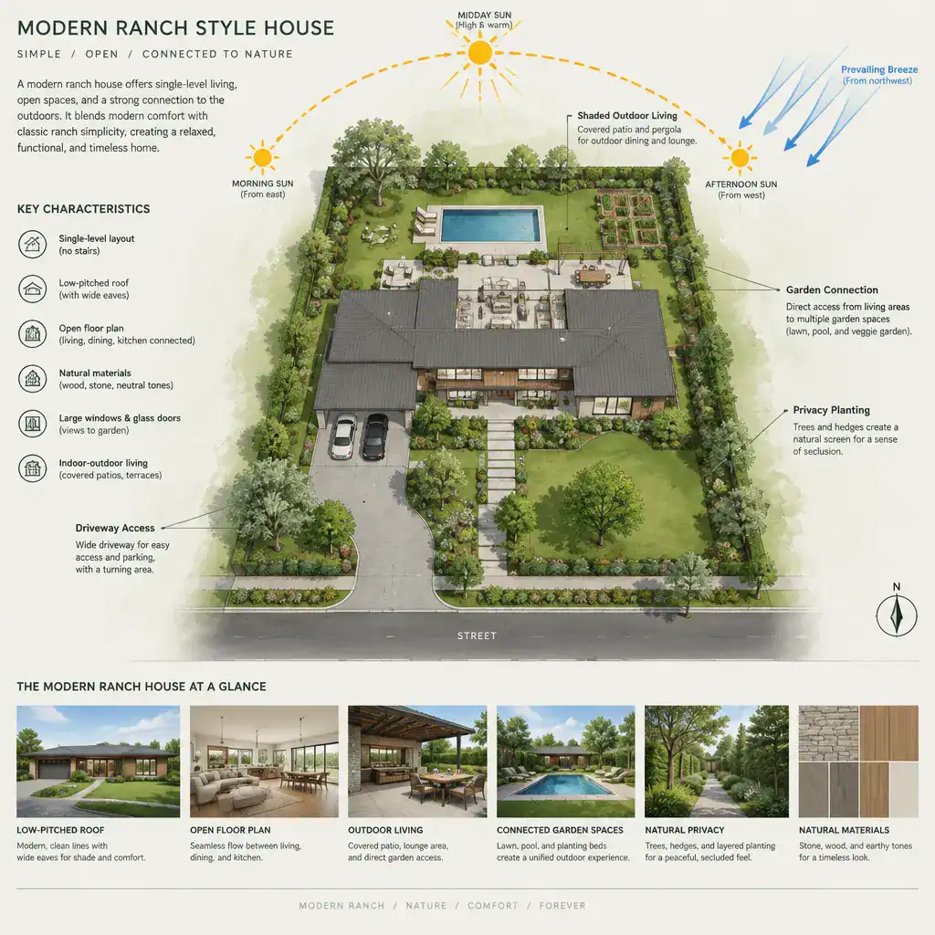 Modern ranch house site plan considering sunlight ventilation access and privacy