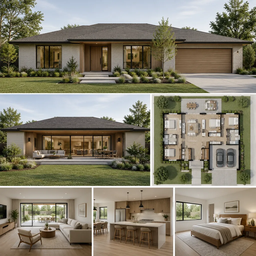 Modern ranch house with a low roofline and connected patio creating an indoor-outdoor living transition