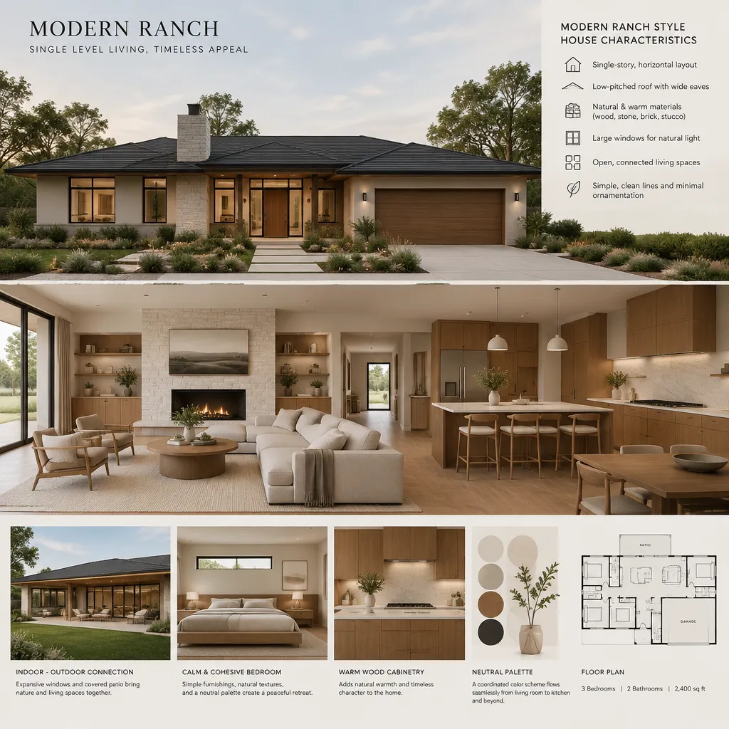 Modern ranch living room with low-profile furniture and a coordinated open kitchen