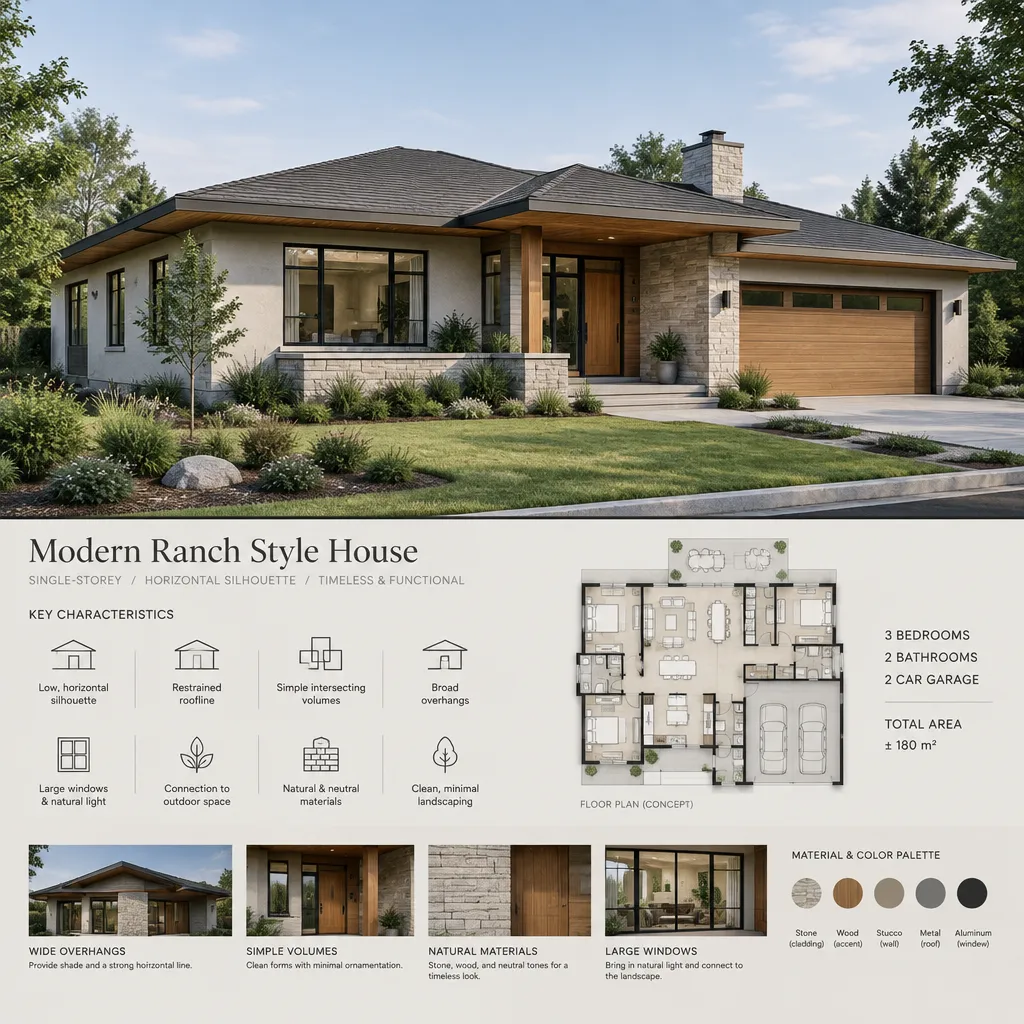 Modern single-story ranch house with a low horizontal silhouette and simple massing