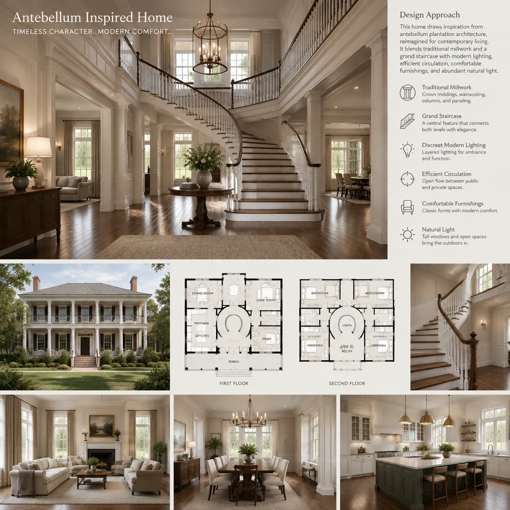 Modernized antebellum-inspired house interior with grand staircase