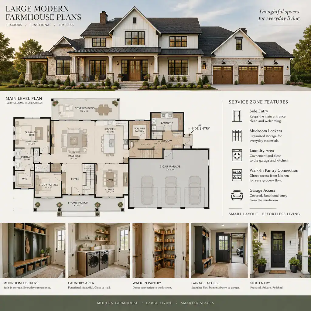 Mudroom pantry laundry and garage connections in a farmhouse plan
