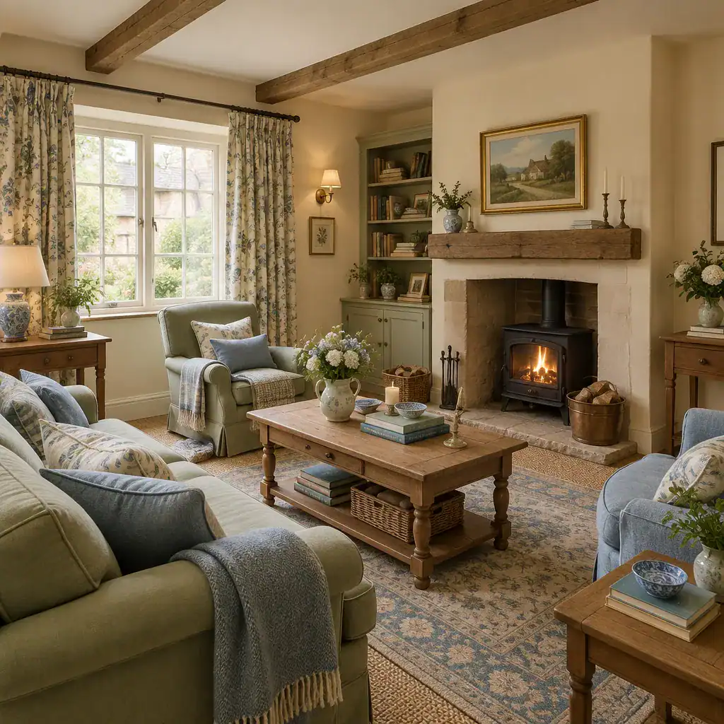 Muted green and cream English cottage living room palette