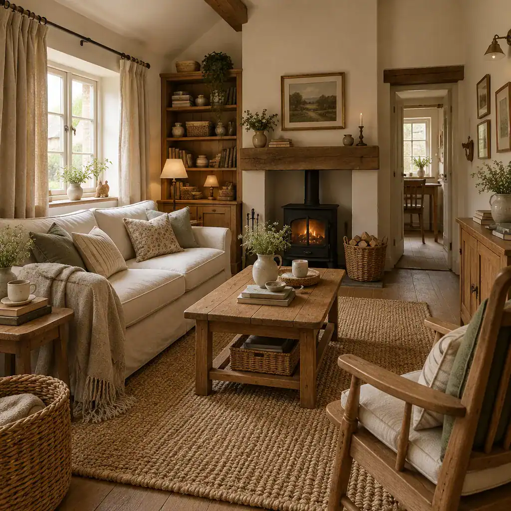 Natural Textures And Layered Textiles In A Cozy Cottage Sitting Room