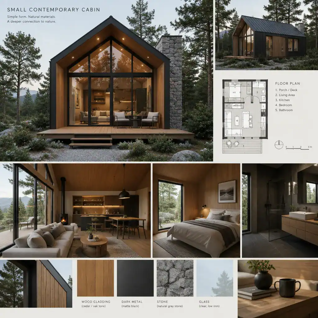 Natural Wood And Dark Metal Materials In A Contemporary Cabin Design