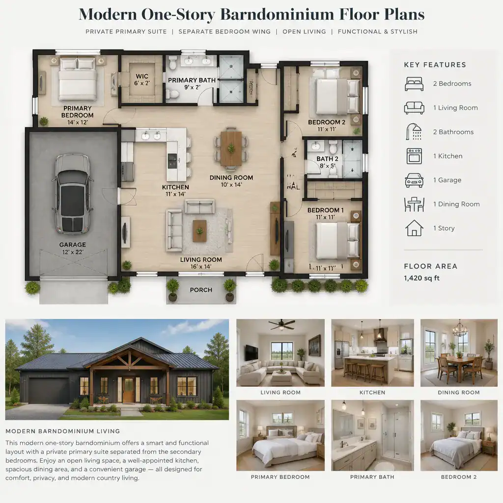 One Story Barndominium Bedroom Wing With Private Suite And Separated Bedrooms