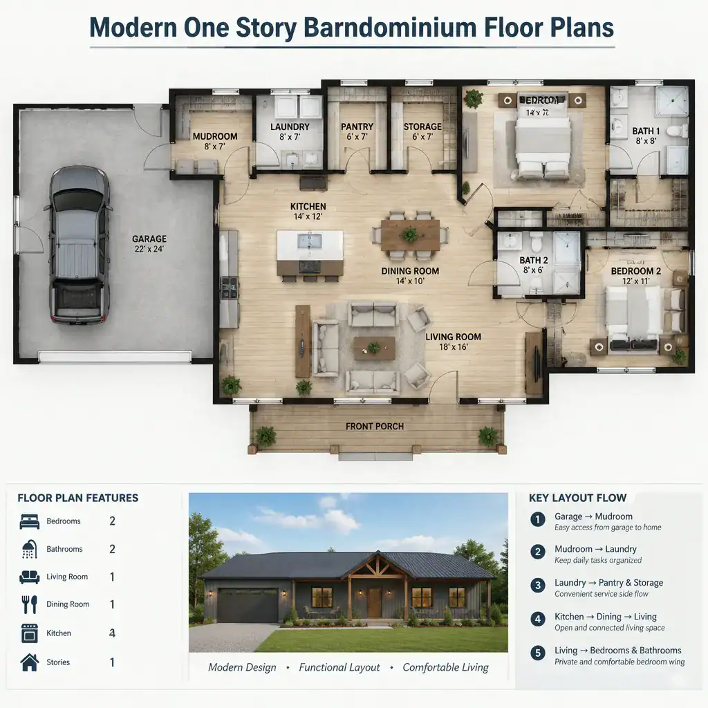 One Story Barndominium Garage Connection With Mudroom Laundry And Storage