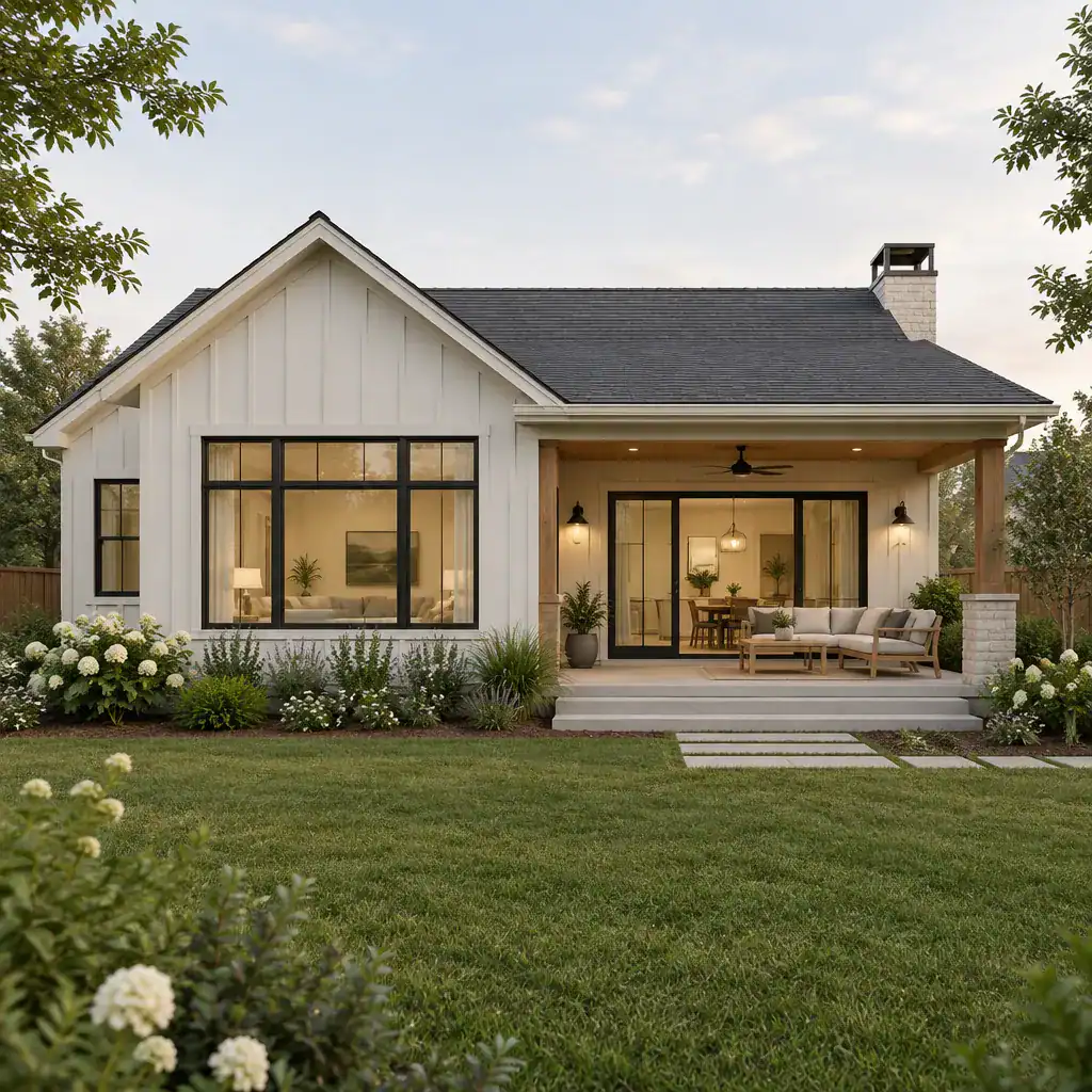One-story modern farmhouse with a covered patio and garden connection