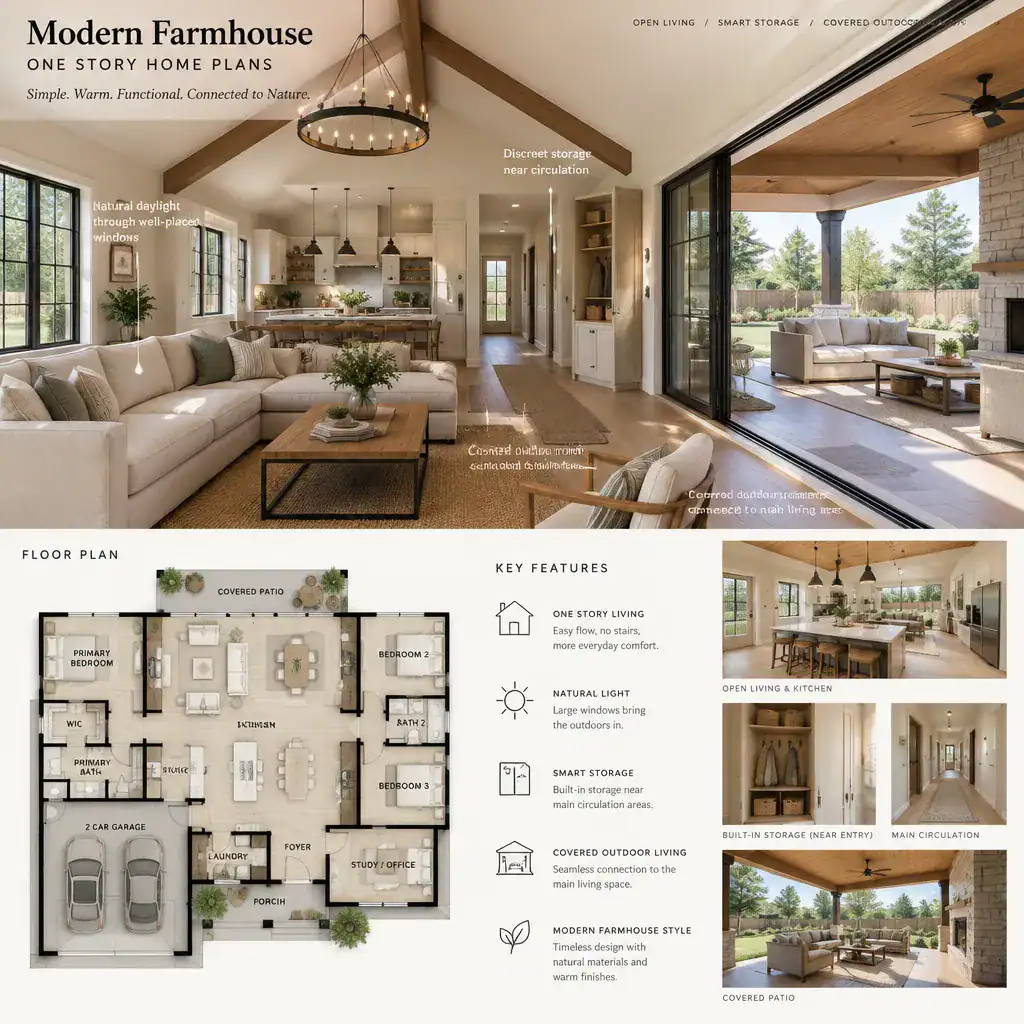 One-story modern farmhouse interior with daylight, integrated storage, and outdoor connection