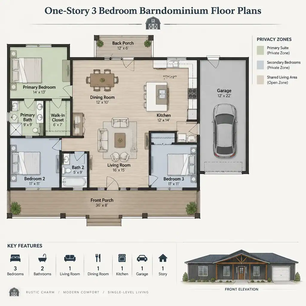 One-story three-bedroom barndominium floor plan with separated bedroom zones