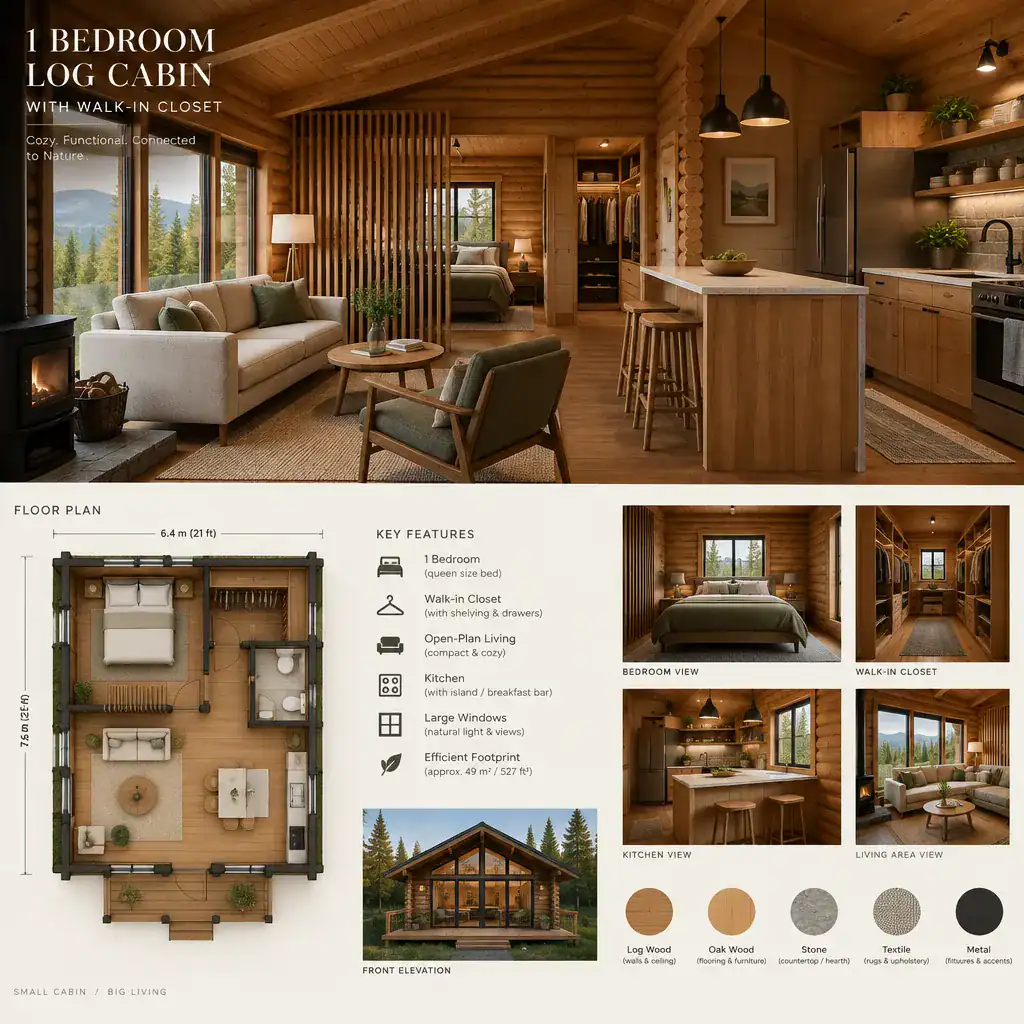 Open and uncluttered living area in a small log cabin