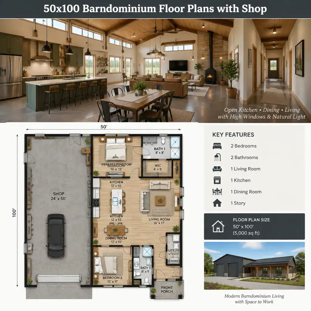 Open Living Kitchen And Dining Layout In A Barndominium Floor Plan