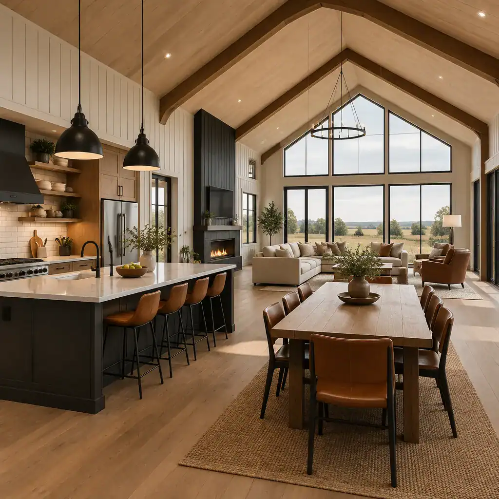 Open modern barn house interior with high ceilings and connected living spaces